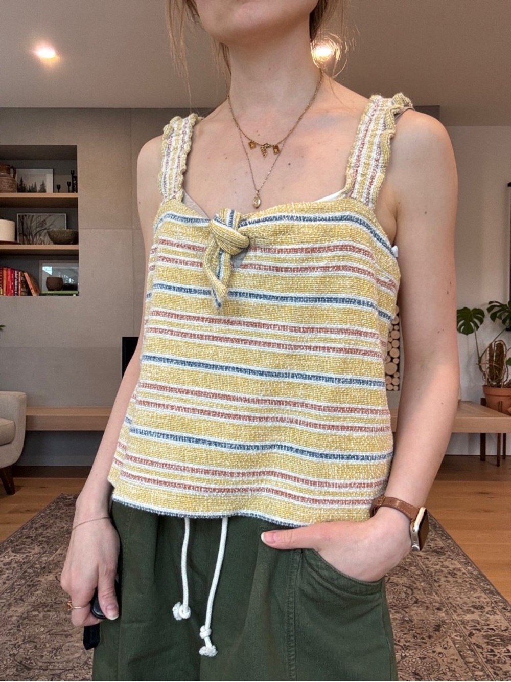 Madewell 100% cotton Yellow Striped Tie-Front Tank texture and thread. Medium